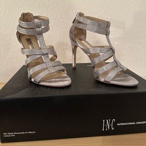 INC Renata Silver Strappy Rhinestone Heels